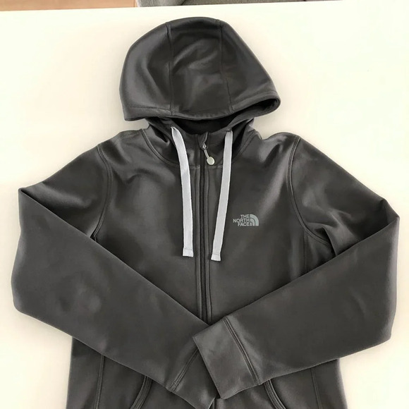 North Face Front Zip Hoodie Bomber Jacket Grey w Baby Blue Drawstrings Sz S - Picture 3 of 15